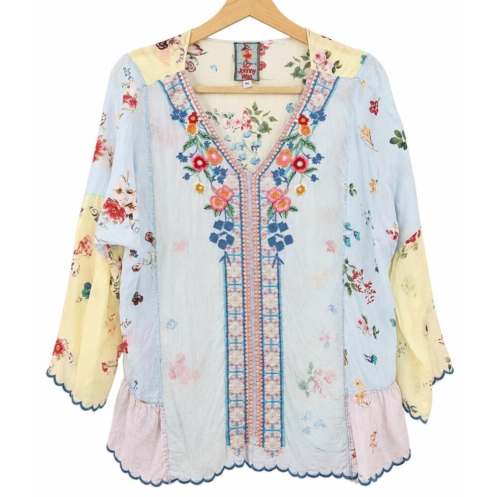 Boho Floral Embroidered Blouse Johnny Was Vervaine Women’s L Roll Tab C10819-5C